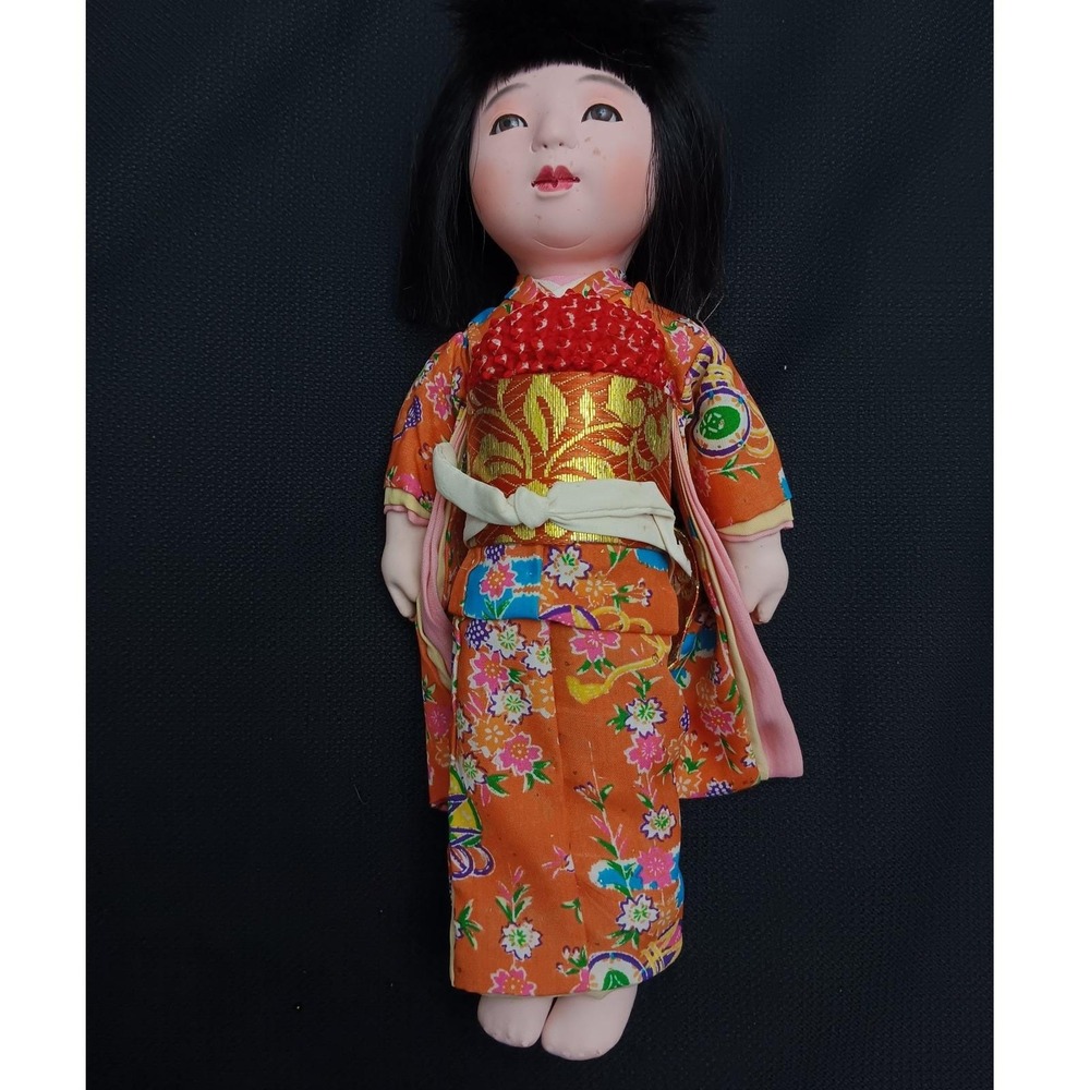 Vintage‎ Traditional Japanese Doll Orange Kimono Collectible Maker Mizuho